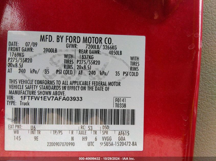 2010 Ford F-150 Fx4/Harley-Davidson/King Ranch/Lariat/Platinum/Xl/Xlt VIN: 1FTFW1EV7AFA03933 Lot: 40699432