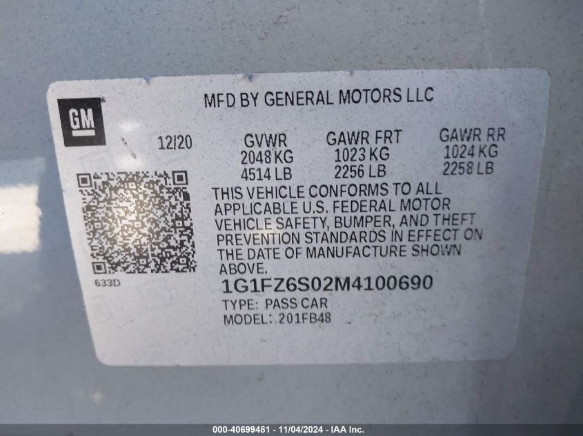 2021 Chevrolet Bolt Ev Fwd Premier VIN: 1G1FZ6S02M4100690 Lot: 40699481