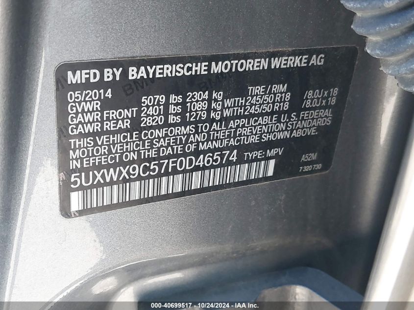 2015 BMW X3 xDrive28I VIN: 5UXWX9C57F0D46574 Lot: 40699517