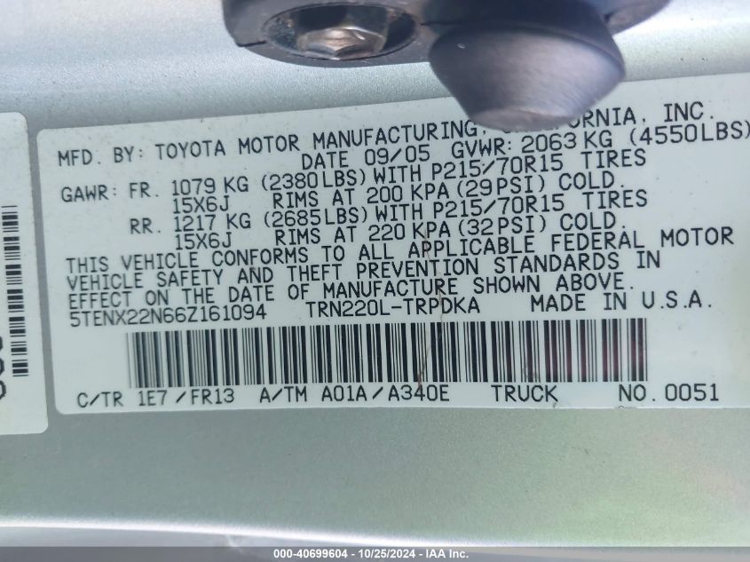 2006 Toyota Tacoma VIN: 5TENX22N66Z161094 Lot: 40699604