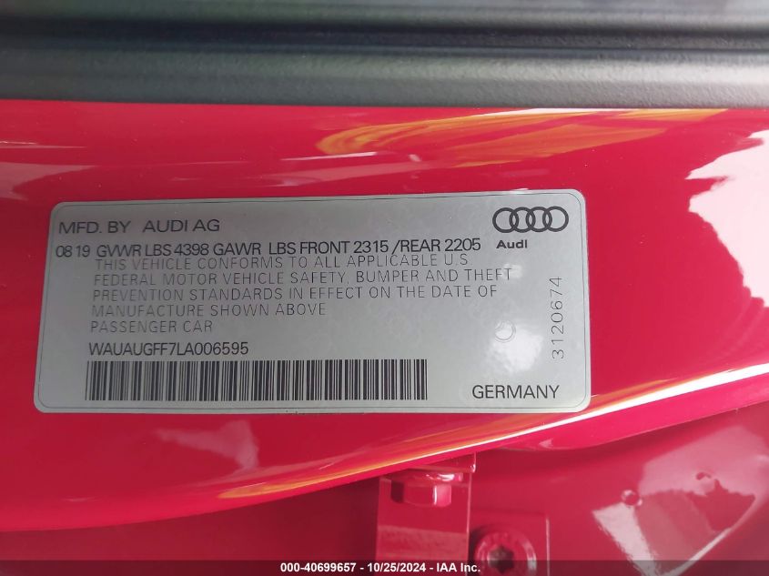 2020 Audi A3 Premium 40 Tfsi Front-Wheel Drive S Tronic VIN: WAUAUGFF7LA006595 Lot: 40699657