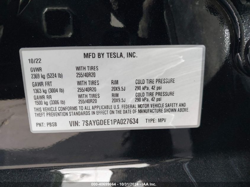 2023 Tesla Model Y Awd/Long Range Dual Motor All-Wheel Drive VIN: 7SAYGDEE1PA027634 Lot: 40699664