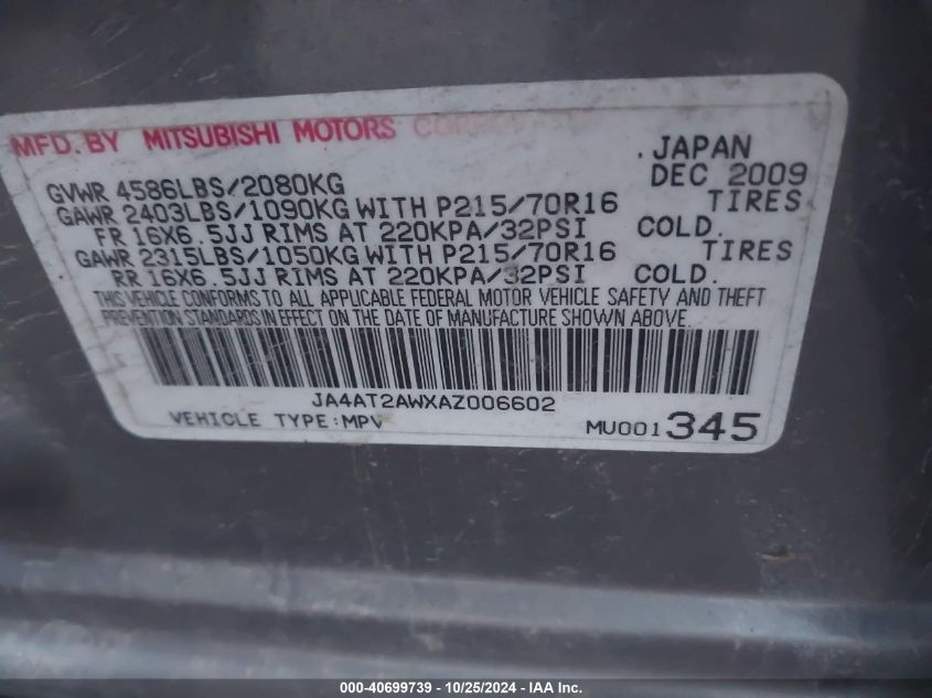 2010 Mitsubishi Outlander Es VIN: JA4AT2AWXAZ006602 Lot: 40699739