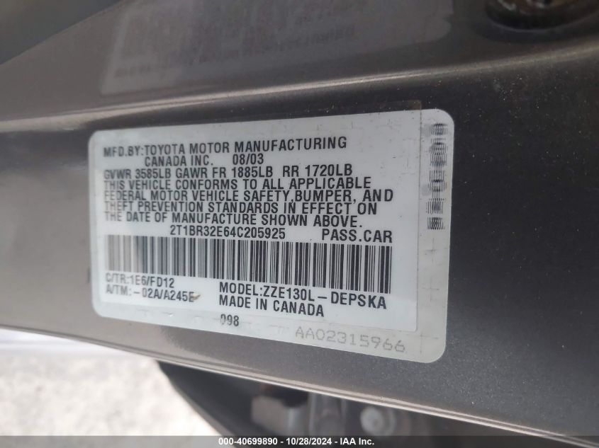 2004 Toyota Corolla S VIN: 2T1BR32E64C20592 Lot: 40699890