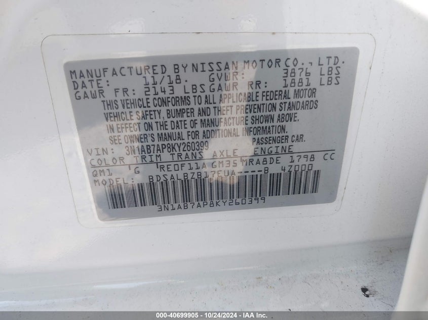 VIN 3N1AB7AP8KY260399 2019 NISSAN SENTRA S