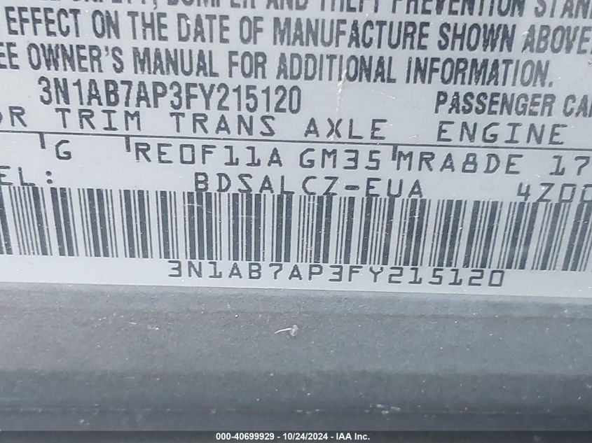 2015 Nissan Sentra S VIN: 3N1AB7AP3FY215120 Lot: 40699929