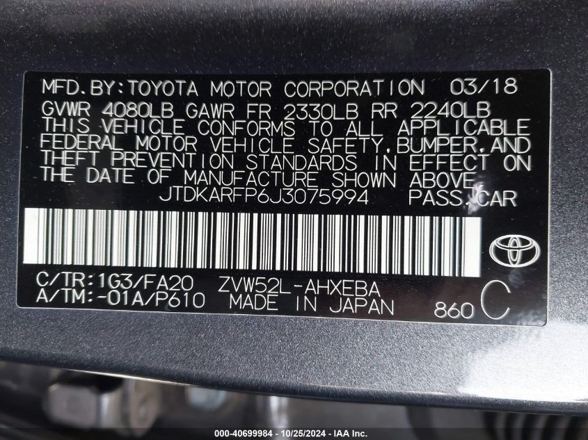 2018 Toyota Prius Prime Plus VIN: JTDKARFP6J3075994 Lot: 40699984