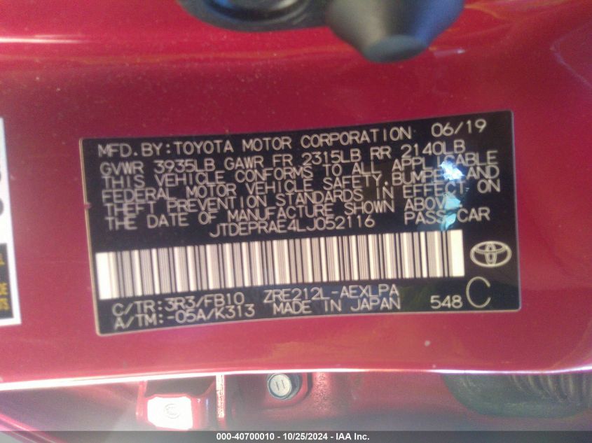 2020 Toyota Corolla Le VIN: JTDEPRAE4LJ052116 Lot: 40700010