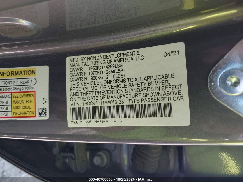 2021 Honda Accord Lx VIN: 1HGCV1F11MA063128 Lot: 40700068