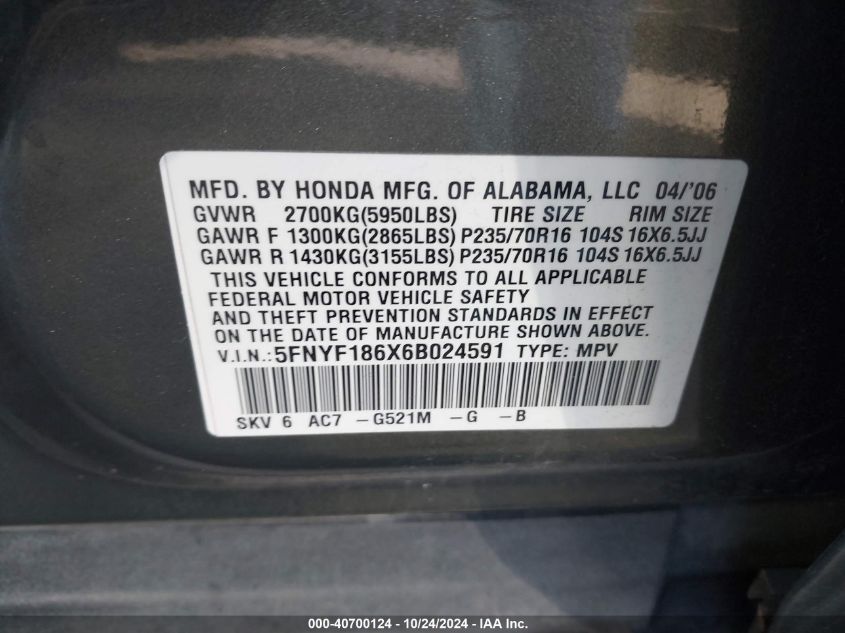 2006 Honda Pilot Ex-L VIN: 5FNYF186X6B024591 Lot: 40700124