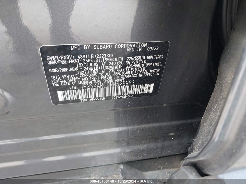 2022 Subaru Forester Touring VIN: JF2SKARC9NH525963 Lot: 40700140