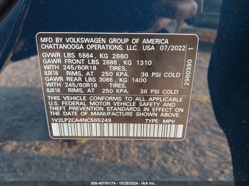 2022 Volkswagen Atlas 2.0T Se VIN: 1V2LP2CA4NC565249 Lot: 40700174