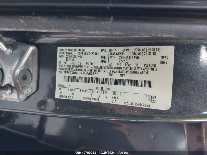 2018 Ford Escape Se VIN: 1FMCU0GD2JUA62855 Lot: 40700293