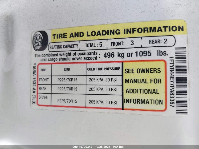 2007 Ford Ranger Sport/Stx/Xlt VIN: 1FTYR44E77PA83367 Lot: 40700342