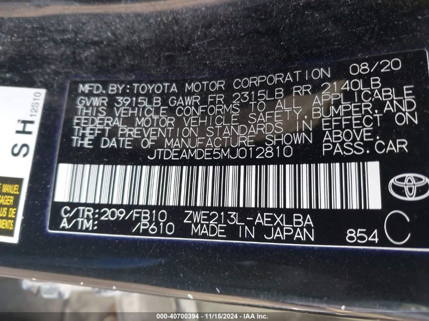 2021 TOYOTA COROLLA HYBRID LE - JTDEAMDE5MJ012810