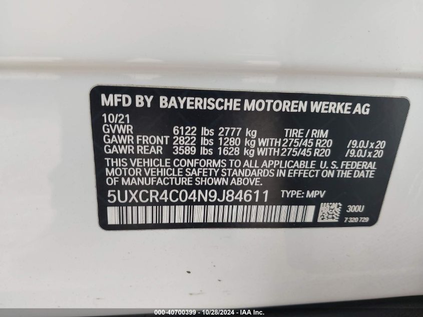 2022 BMW X5 Sdrive40I VIN: 5UXCR4C04N9J84611 Lot: 40700399