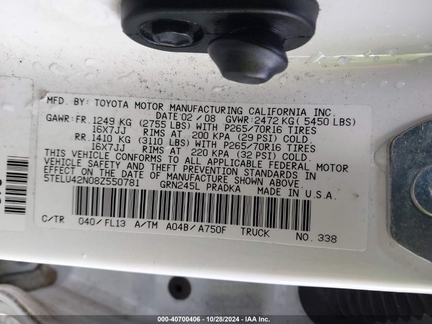 2008 Toyota Tacoma Double Cab VIN: 5TELU42N08Z550781 Lot: 40700406