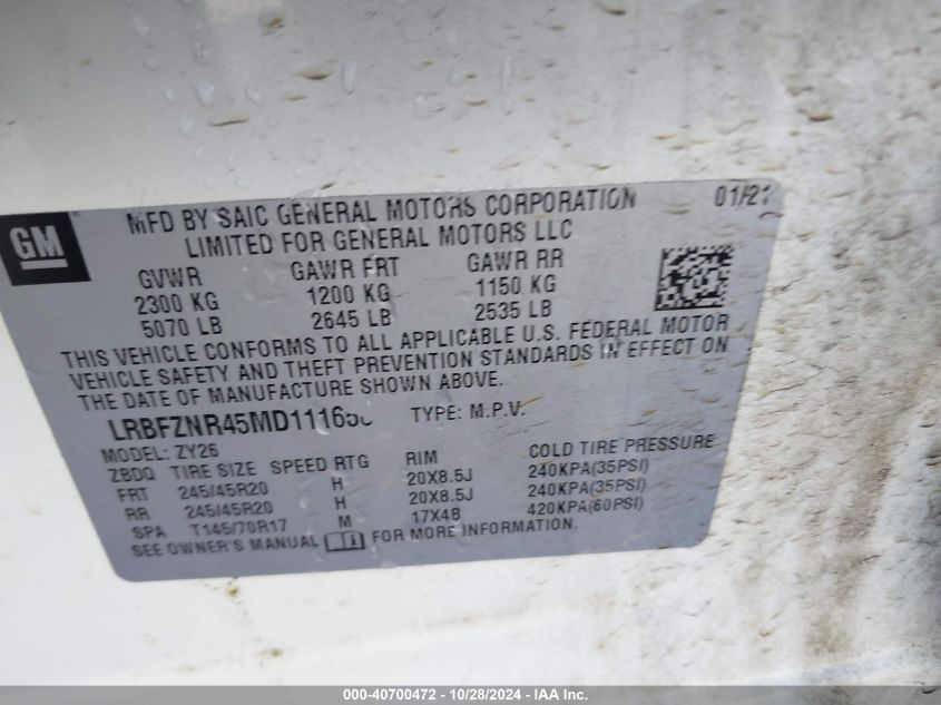 2021 Buick Envision Fwd Essence VIN: LRBFZNR45MD111658 Lot: 40700472