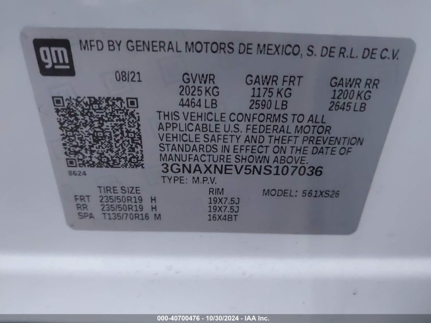 2022 Chevrolet Equinox Fwd Premier VIN: 3GNAXNEV5NS107036 Lot: 40700476