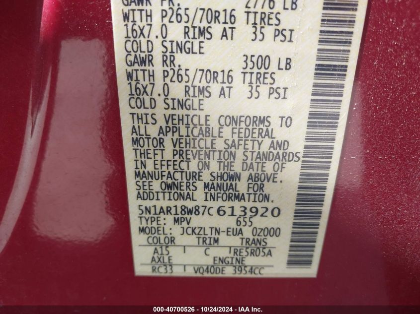 2007 Nissan Pathfinder Se VIN: 5N1AR18W87C613920 Lot: 40700526