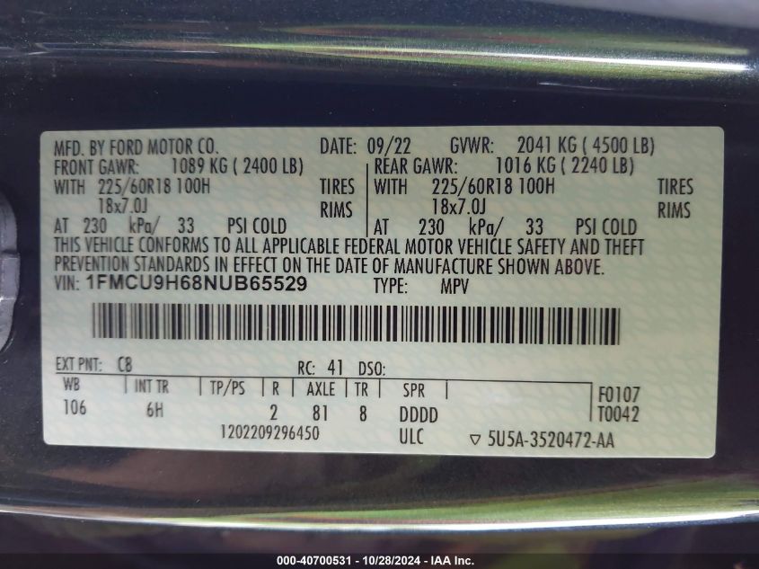 2022 Ford Escape Sel VIN: 1FMCU9H68NUB65529 Lot: 40700531