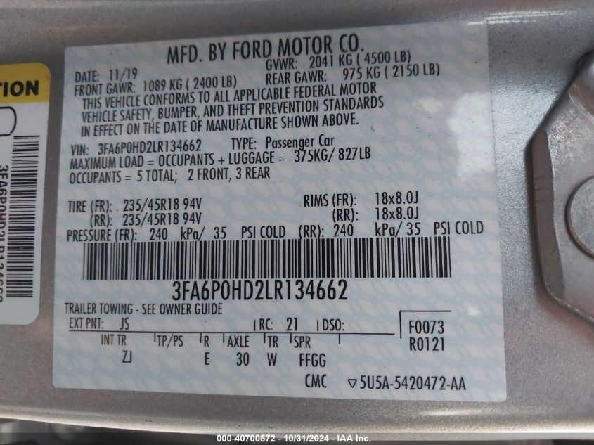 2020 Ford Fusion Se VIN: 3FA6P0HD2LR134662 Lot: 40700572