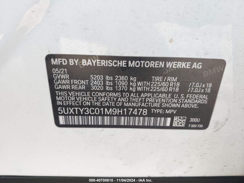 2021 BMW X3 Sdrive30I VIN: 5UXTY3C01M9H17478 Lot: 40700615