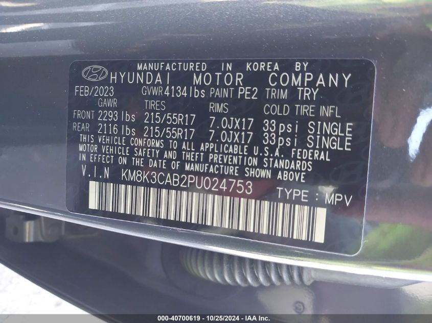 2023 Hyundai Kona Sel VIN: KM8K3CAB2PU024753 Lot: 40700619