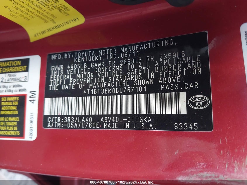2011 TOYOTA CAMRY VIN: 4T1BF3EK0BU767101