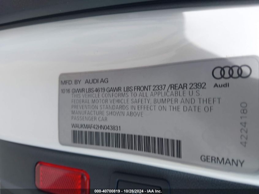 2017 Audi A4 2.0T Season Of Audi Ultra Premium VIN: WAUKMAF42HN043831 Lot: 40700819