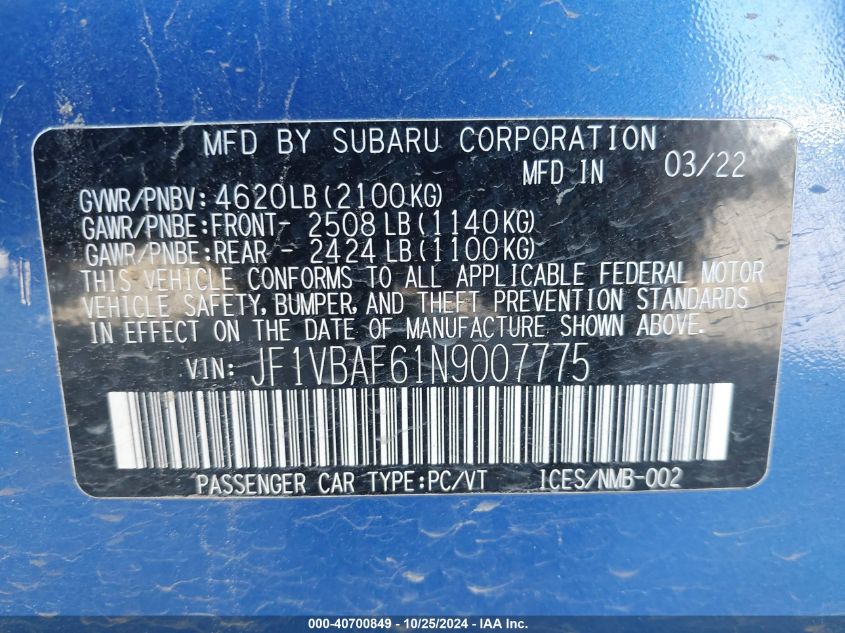 2022 SUBARU WRX VIN: JF1VBAF61N9007775