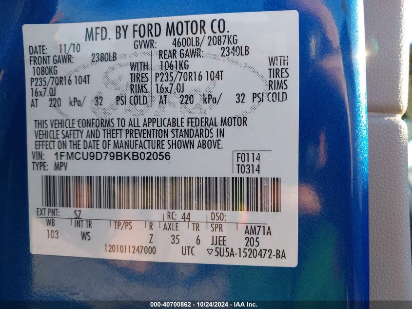 2011 Ford Escape Xlt VIN: 1FMCU9D79BKB02056 Lot: 40700862