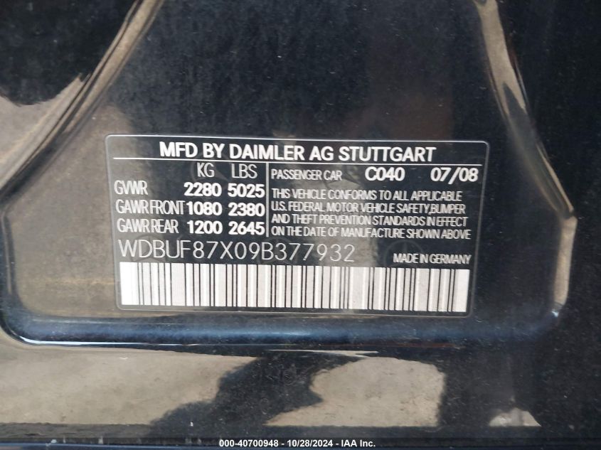 2009 Mercedes-Benz E 350 4Matic VIN: WDBUF87X09B377932 Lot: 40700948