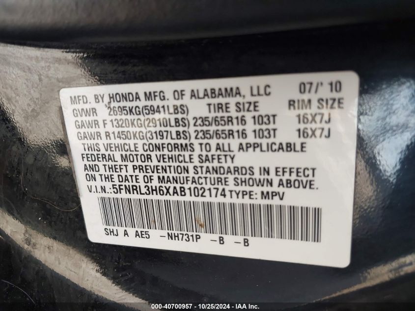 2010 Honda Odyssey Ex-L VIN: 5FNRL3H6XAB102174 Lot: 40700957