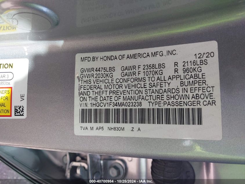 VIN 1HGCV1F34MA023238 2021 HONDA ACCORD SPORT