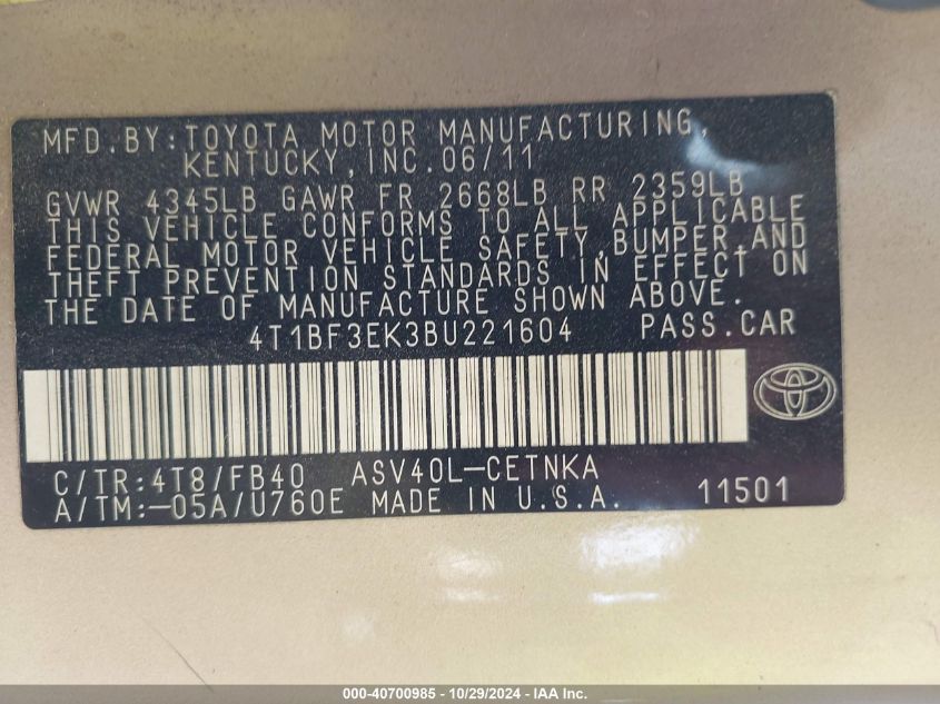 2011 TOYOTA CAMRY VIN: 4T1BF3EK3BU221604