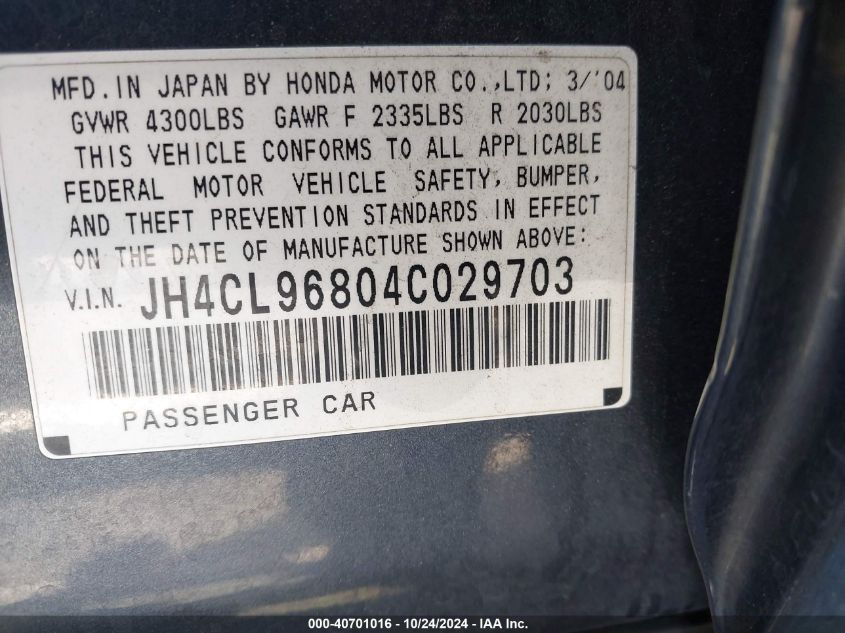 2004 Acura Tsx VIN: JH4CL96804C029703 Lot: 40701016