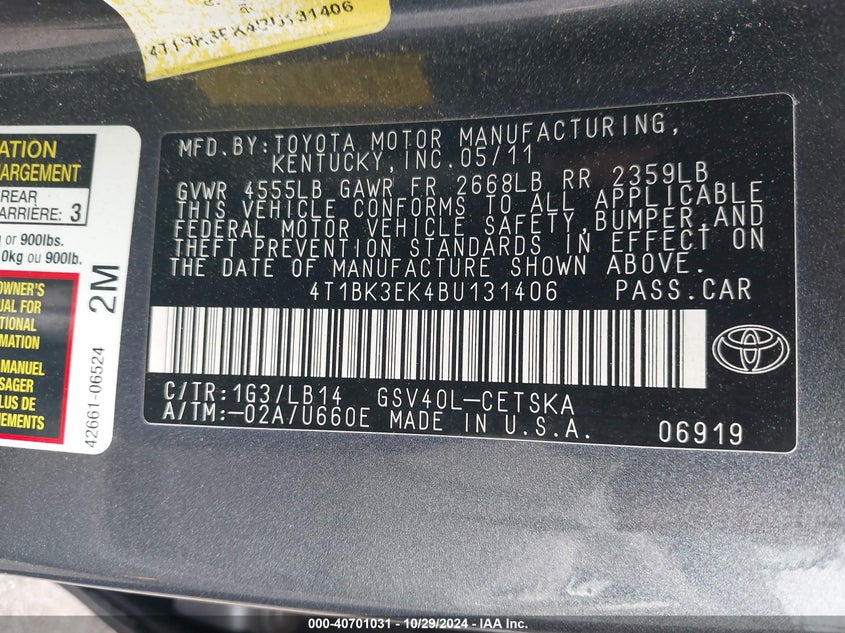 2011 TOYOTA CAMRY VIN: 4T1BK3EK4BU131406