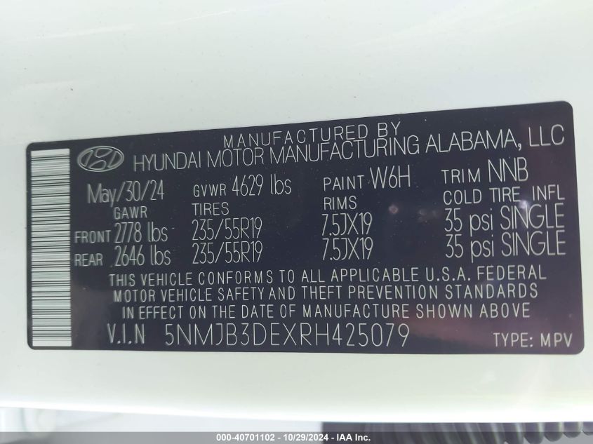 2024 Hyundai Tucson Sel VIN: 5NMJB3DEXRH425079 Lot: 40701102