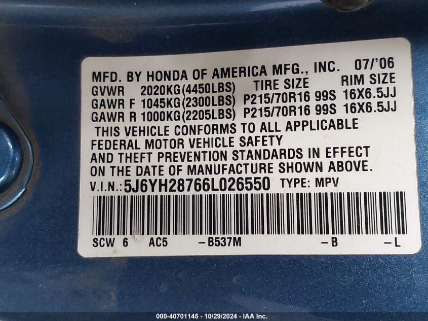 2006 Honda Element Ex-P VIN: 5J6YH28766L026550 Lot: 40701145