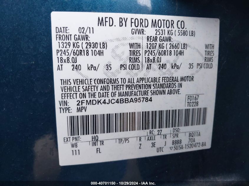 2011 Ford Edge Sel VIN: 2FMDK4JC4BBA95784 Lot: 40701150