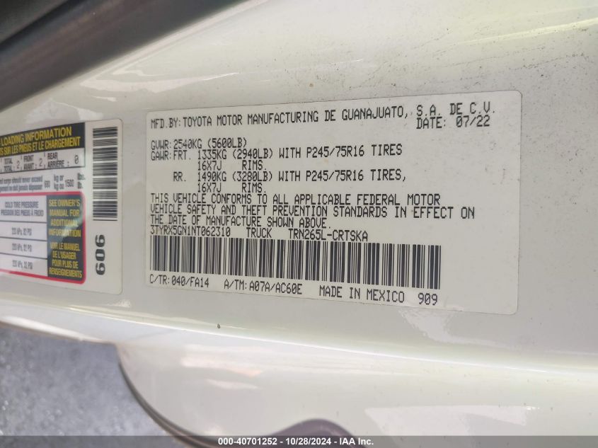 2022 Toyota Tacoma Sr VIN: 3TYRX5GN1NT062310 Lot: 40701252