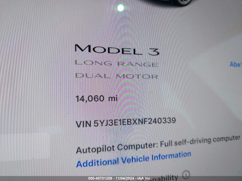 2022 Tesla Model 3 Long Range Dual Motor All-Wheel Drive VIN: 5YJ3E1EBXNF240339 Lot: 40701259