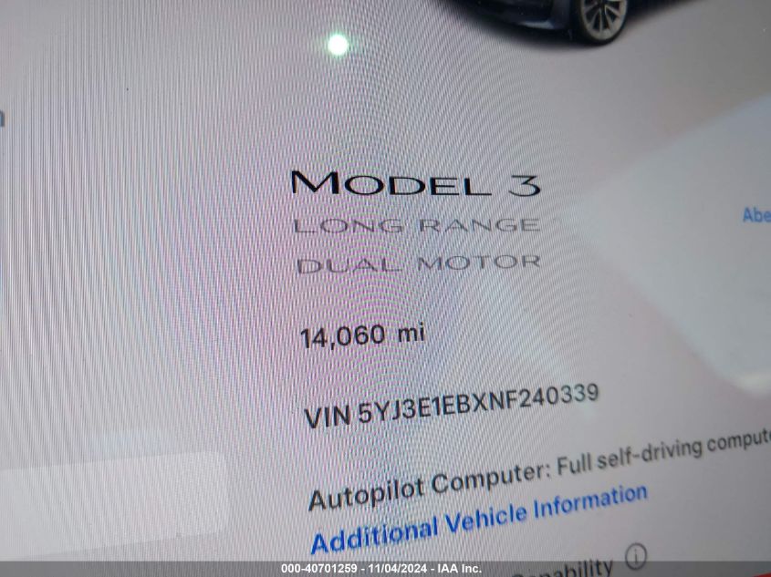 2022 Tesla Model 3 Long Range Dual Motor All-Wheel Drive VIN: 5YJ3E1EBXNF240339 Lot: 40701259