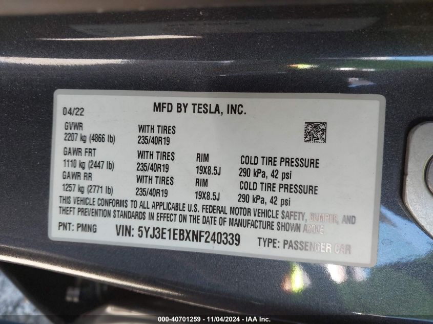 2022 Tesla Model 3 Long Range Dual Motor All-Wheel Drive VIN: 5YJ3E1EBXNF240339 Lot: 40701259