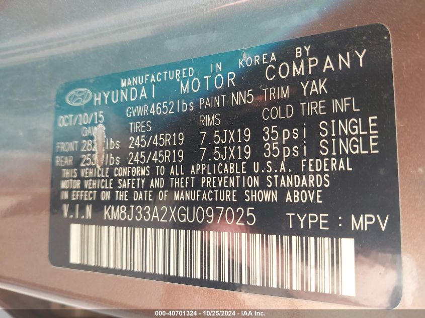 2016 Hyundai Tucson Limited VIN: KM8J33A2XGU097025 Lot: 40701324