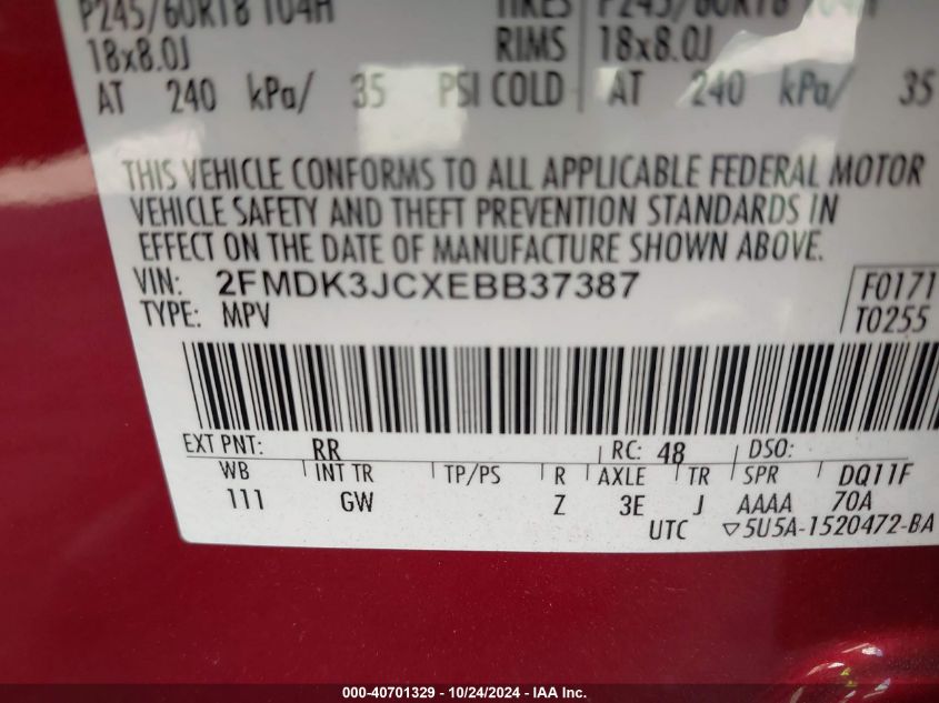 2014 Ford Edge Sel VIN: 2FMDK3JCXEBB37387 Lot: 40701329