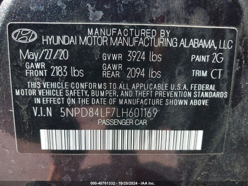 2020 Hyundai Elantra Sel VIN: 5NPD84LF7LH601169 Lot: 40701332