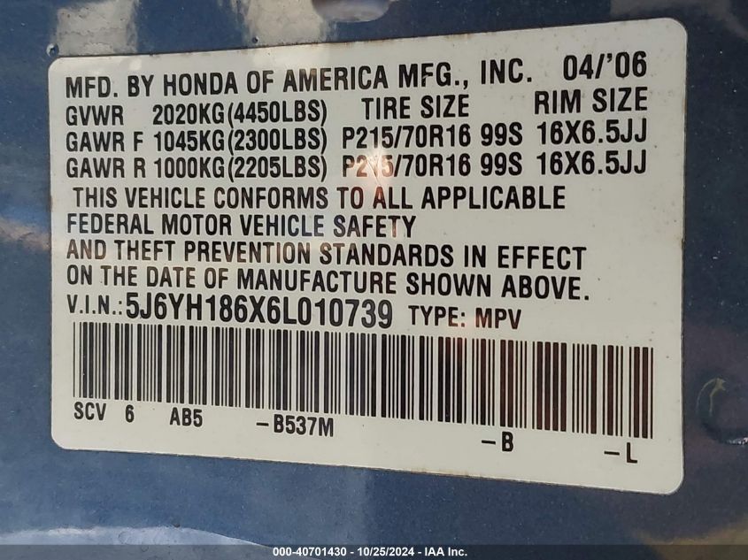 2006 Honda Element Ex VIN: 5J6YH186X6L010739 Lot: 40701430