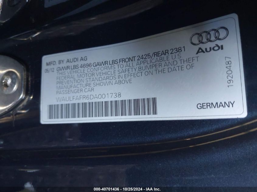 2013 Audi A5 2.0T Premium VIN: WAULFAFR6DA001738 Lot: 40701436